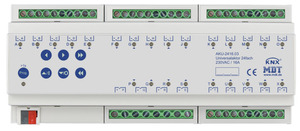 Actuador multifunción KNX, calefacción / conmutación / persianas, 24 salidas binarias / 12 canales persianas, 230VAC, 16A, carril DIN, Ref. AKU-2416.03
